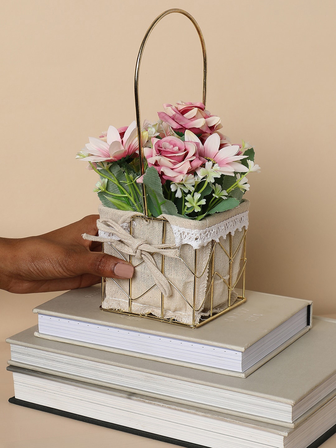 

Bonhomie Pink Faux Flower Bouquet Basket Showpieces, Beige