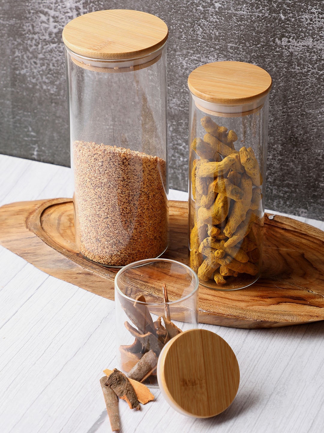 

Bonhomie Transparent & Brown 3 Pieces Glass Jar with Lid
