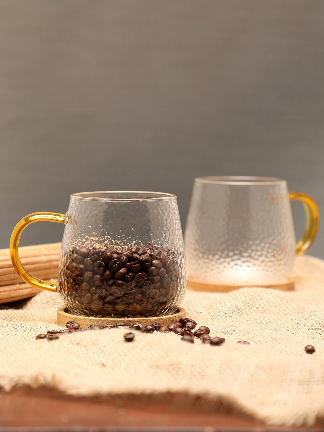 

Bonhomie 2Pcs Transparent& Beige Textured Glass Cups and Mugs