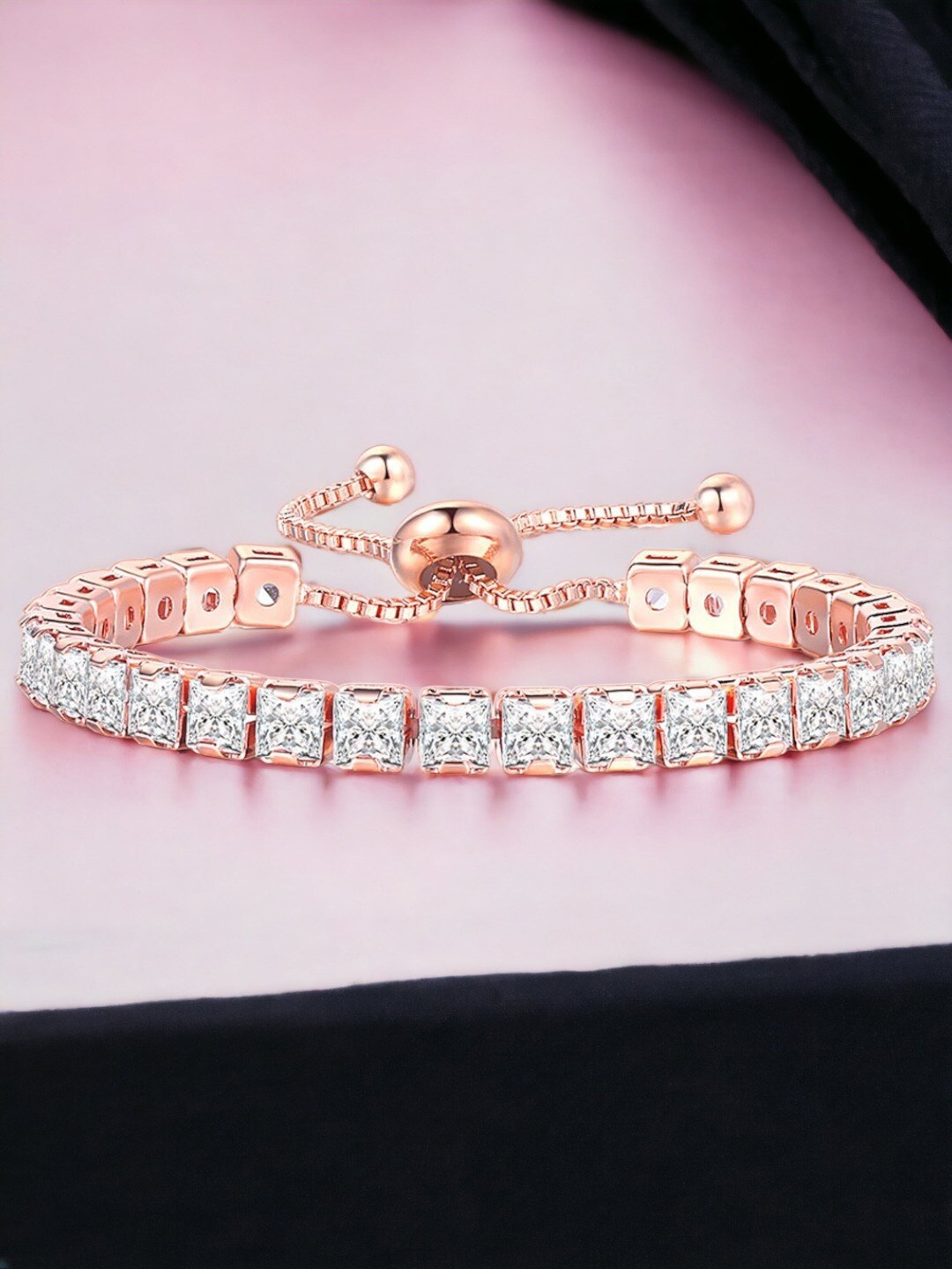 

Jewels Galaxy Rose Gold Plated Square Cut Cubic Zirconia Matrix Tennis Bracelet