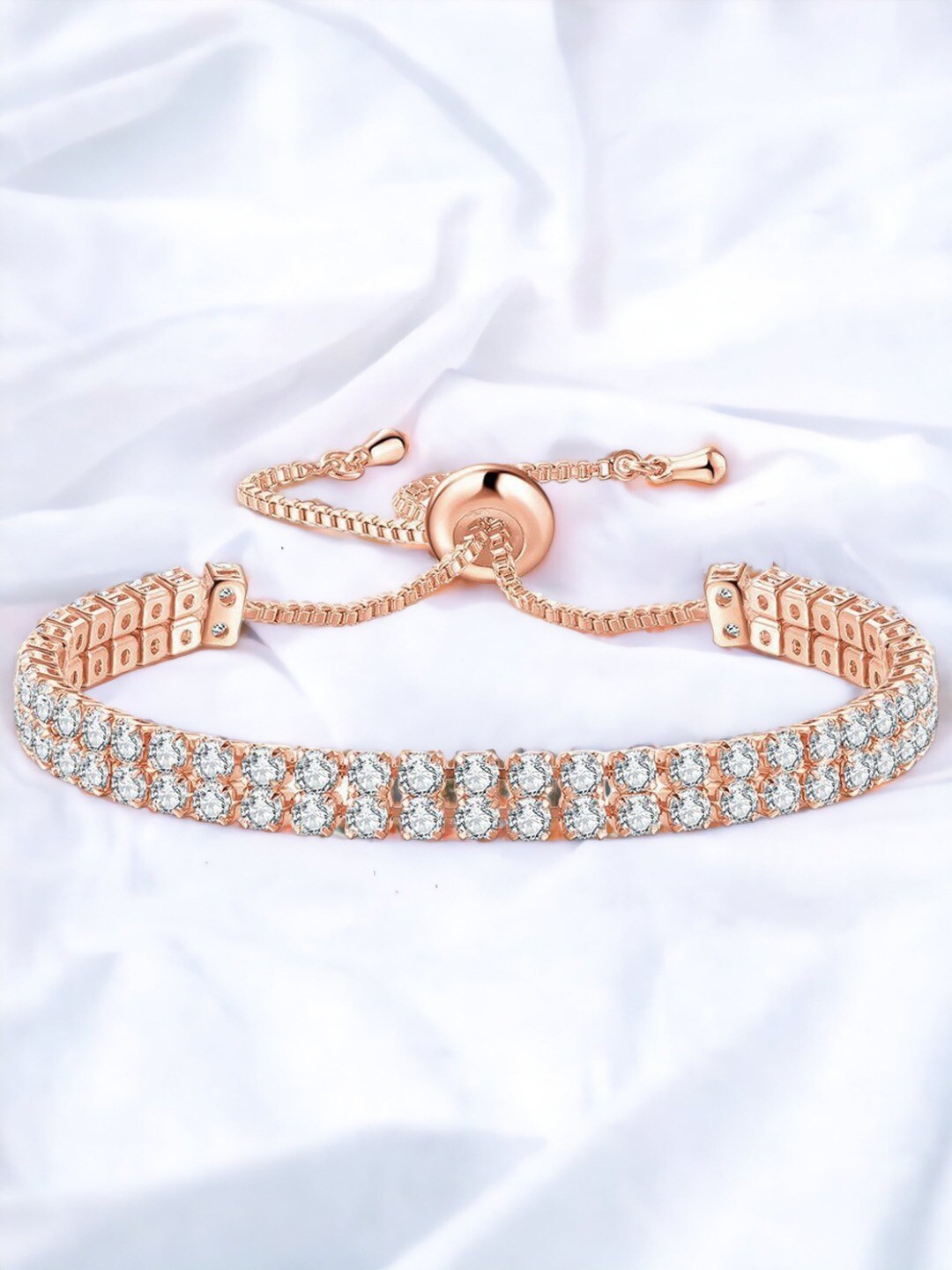 

Jewels Galaxy Rose Gold Plated Dual Strand Round Cut Cubic Zirconia Matrix Tennis Bracelet