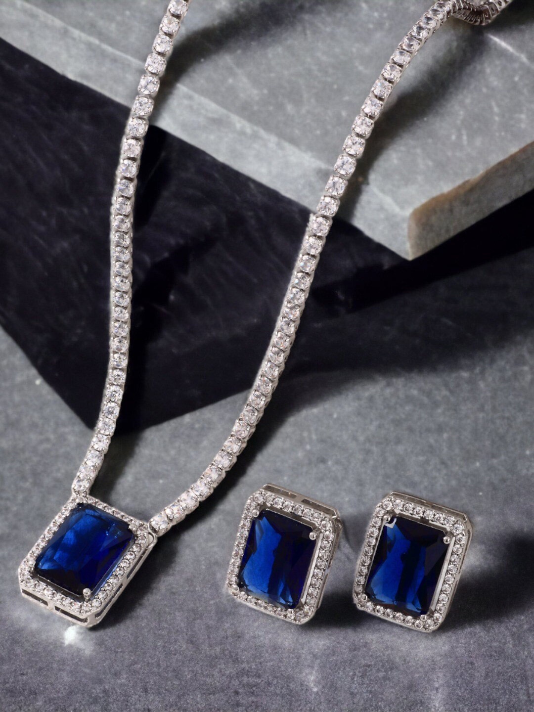

Jewels Galaxy Silver-Plated Crystal Studded Rectangle Shaped Necklace With Earrings