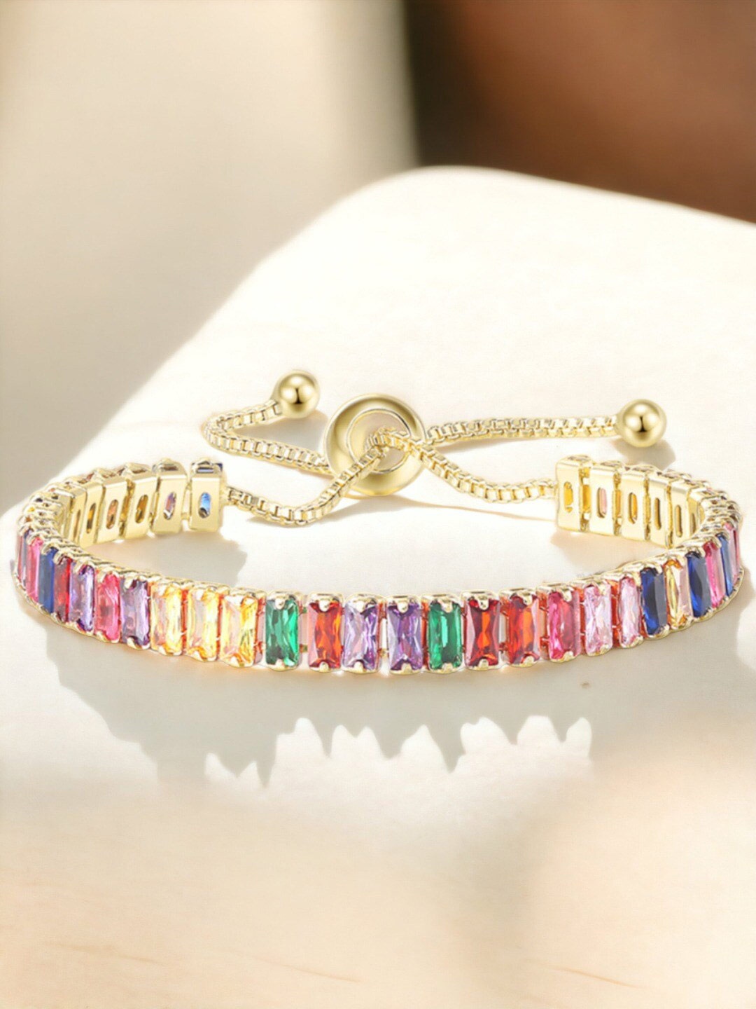 

Jewels Galaxy Gold Plated Rectangular Cut Cubic Zirconia Matrix Tennis Bracelet