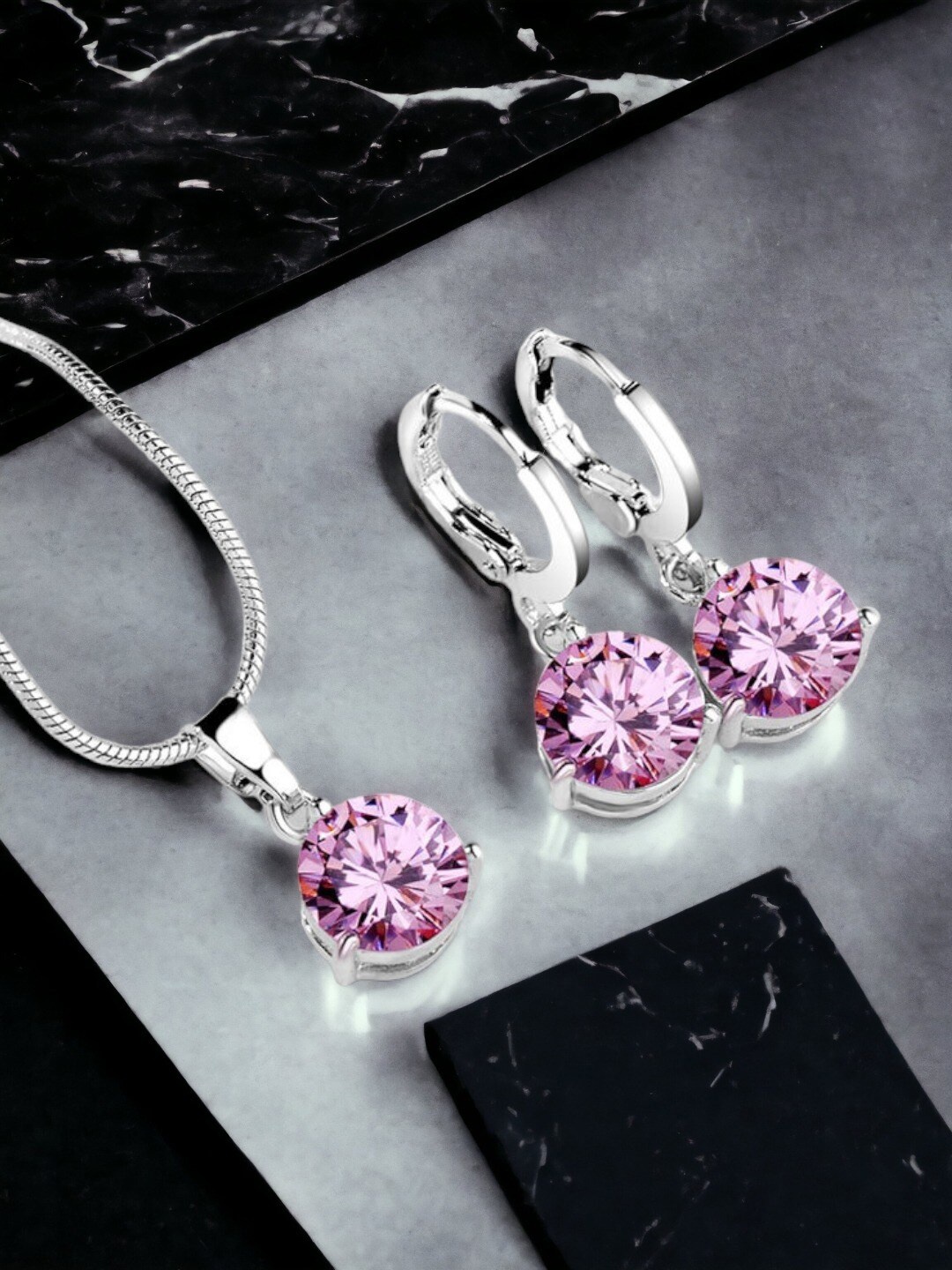 

Jewels Galaxy Silver Plated Cubic Zirconia Studded Jewellery Set, Pink