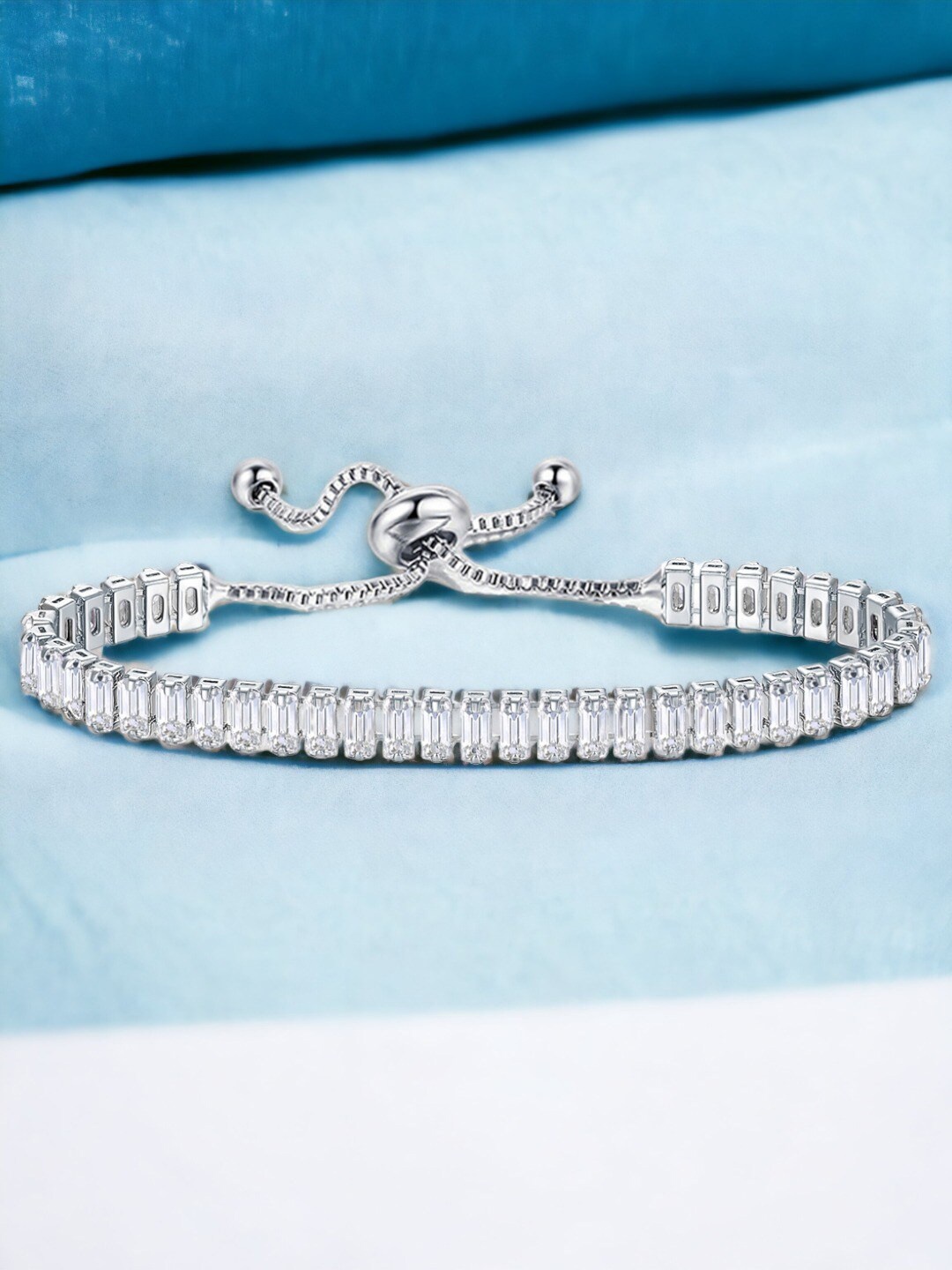 

Jewels Galaxy Silver Plated Rectangular Cut Cubic Zirconia Matrix Tennis Bracelet