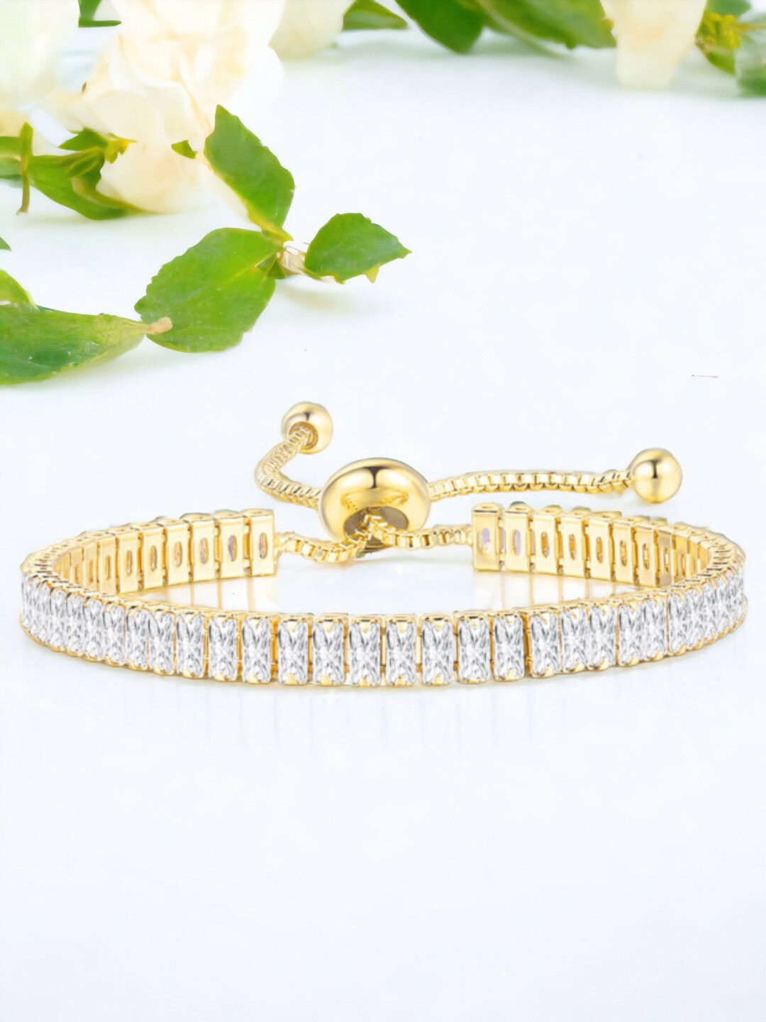 

Jewels Galaxy Gold Plated Rectangular Cut Cubic Zirconia Matrix Tennis Bracelet