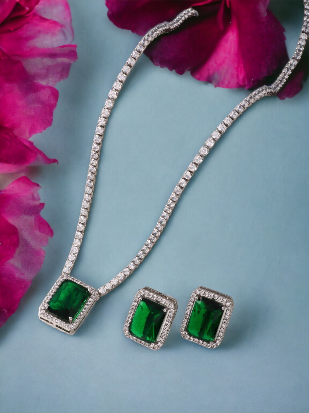 

Jewels Galaxy Silver-Plated Crystal Studded Rectangle Shaped Necklace With Earrings
