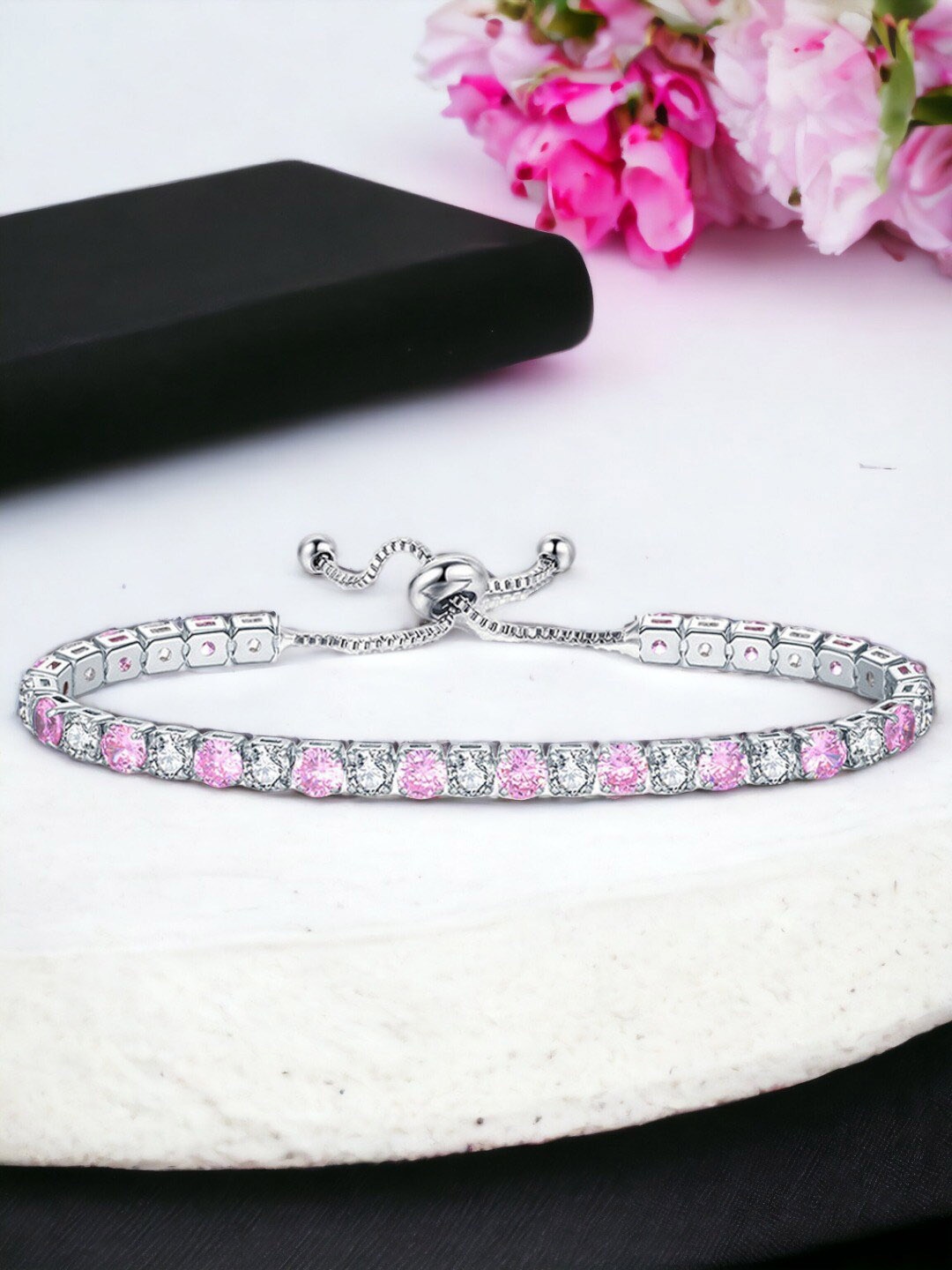 

Jewels Galaxy Silver Plated Round Cut Cubic Zirconia Matrix Tennis Bracelet