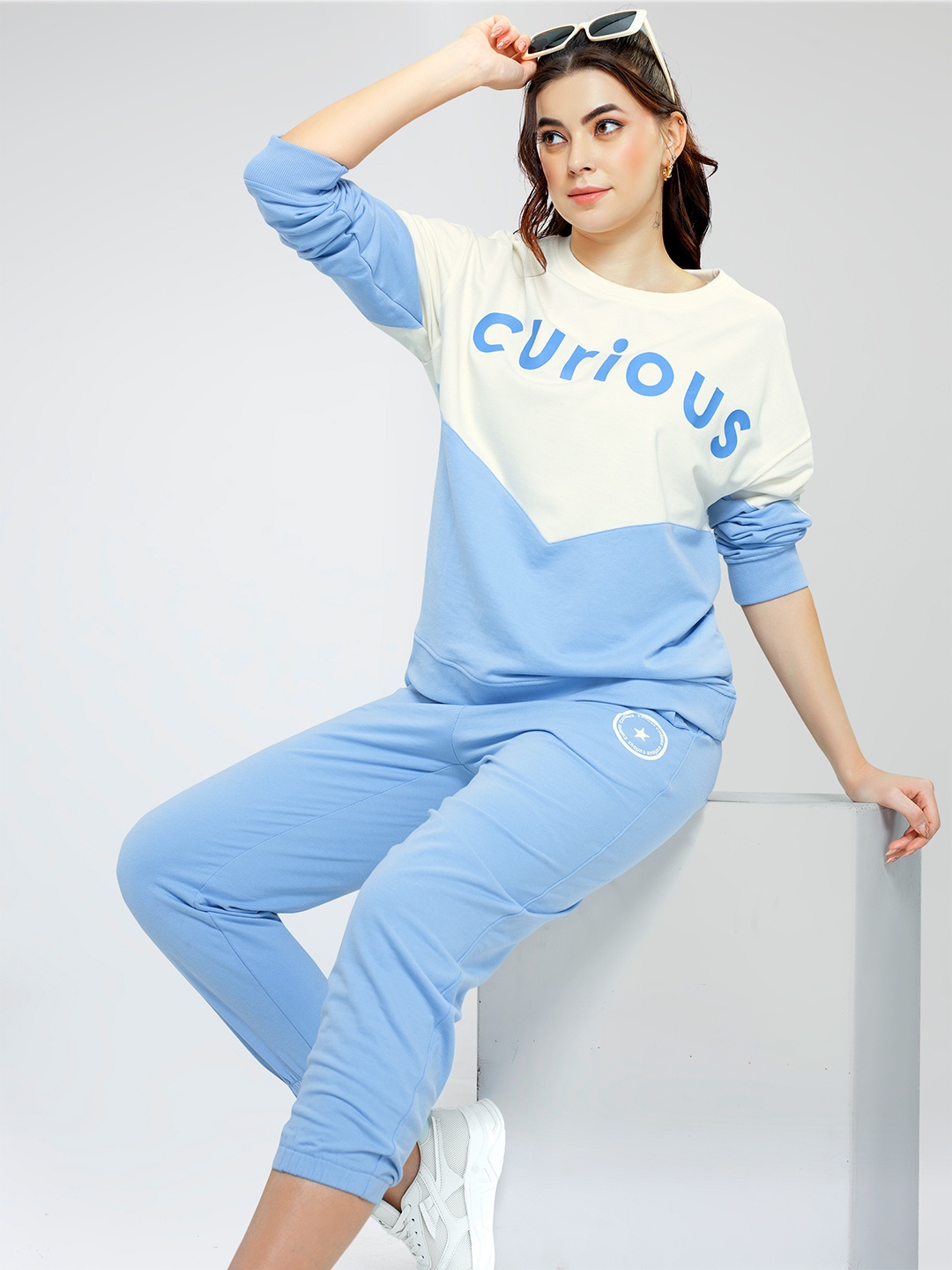 Zeyo Typography Printed Sweatshirt & Joggers Co-Ord, Blue