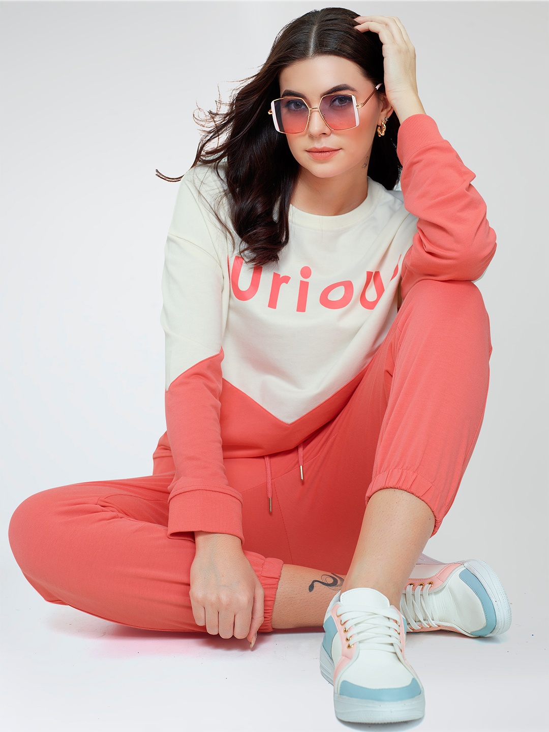 Zeyo Typography Printed Sweatshirt & Joggers Co-Ord, Peach