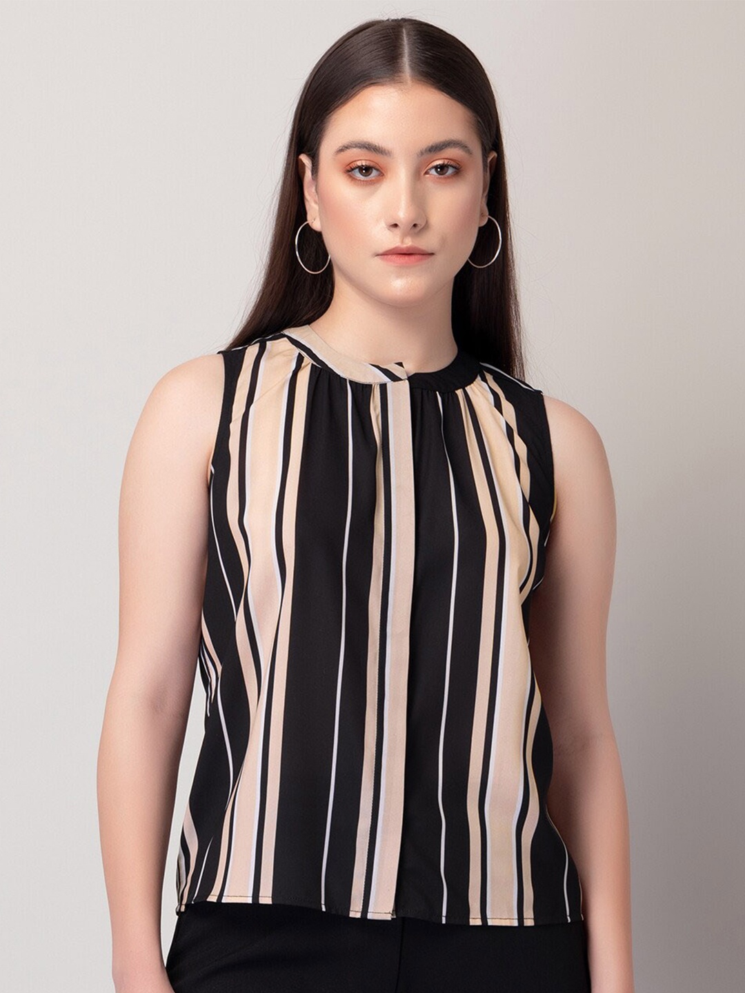 

FabAlley Black Striped Sleeveless A-line Top