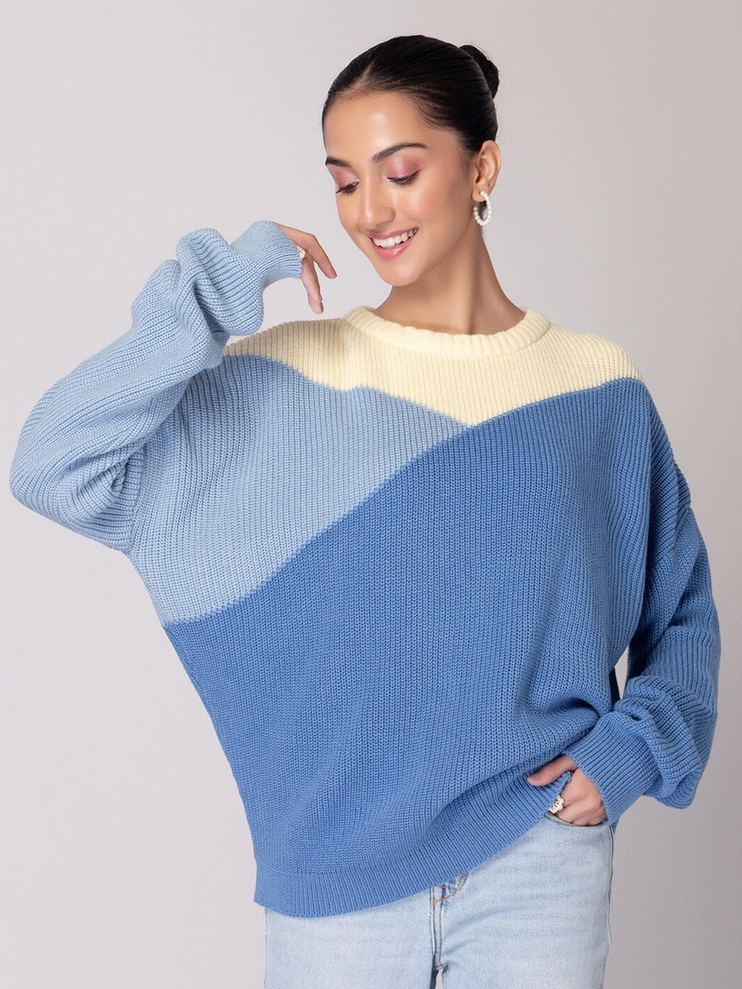 

FabAlley Blue Colourblocked Oversized Acrylic Pullover