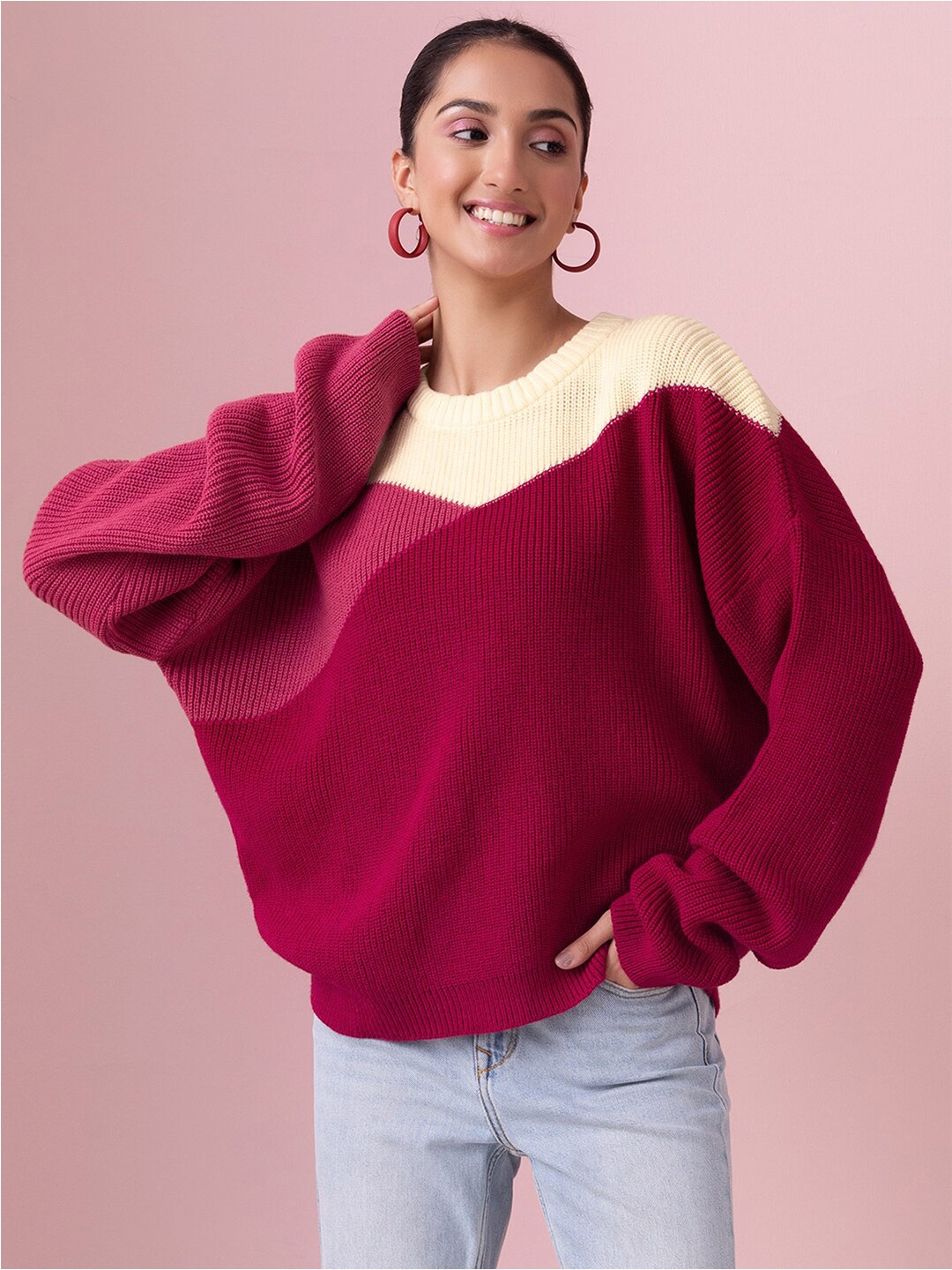 

FabAlley Pink Colourblocked Oversized Acrylic Pullover