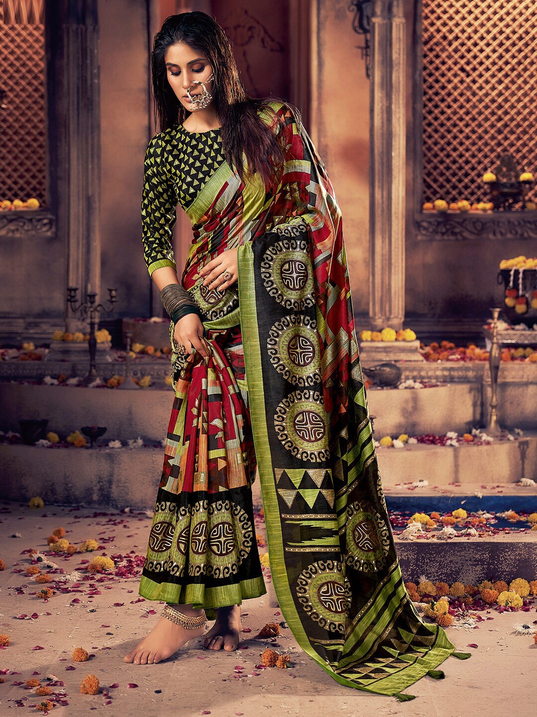 

SANSKAR Geometric Printed Silk Cotton Saree, Green