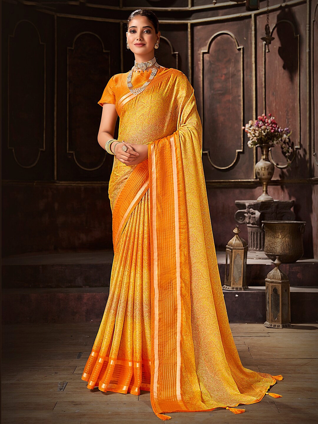 

SANSKAR Paisley Foil Print Zari Pure Chiffon Saree, Yellow