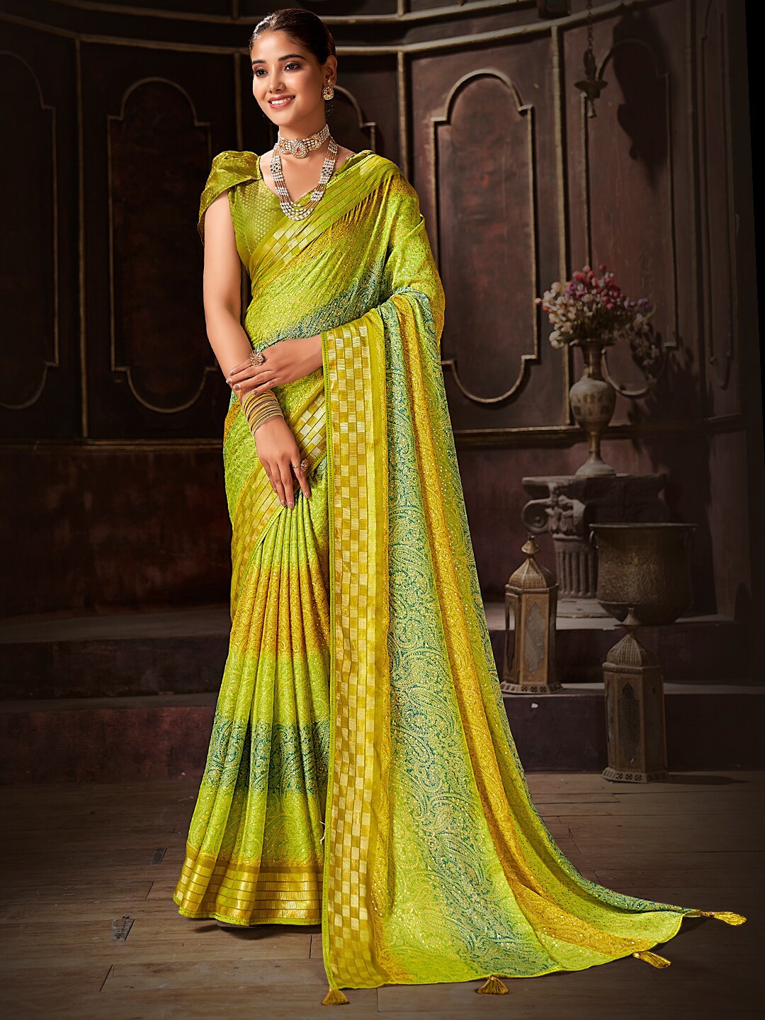 

SANSKAR Paisley Foil Print Beads & Stones Pure Chiffon Saree, Yellow