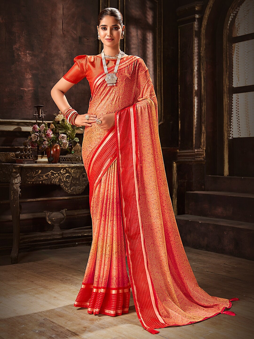 

SANSKAR Paisley Foil Printed Zari Saree, Red