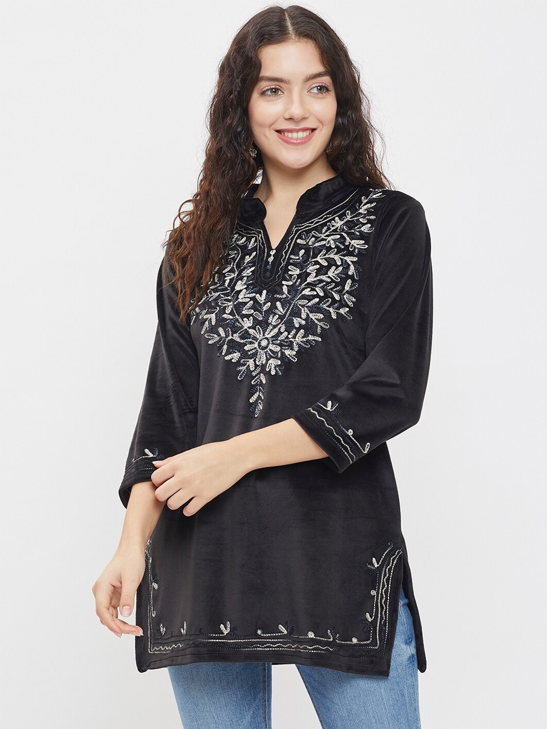 

TULIP 21 Embroidered V-Neck Velvet Kurti, Black