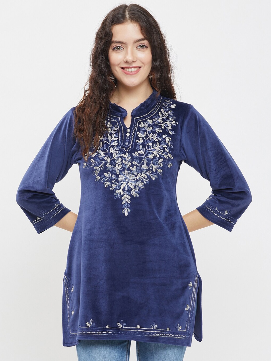 

TULIP 21 Embroidered V-Neck Velvet Kurti, Navy blue