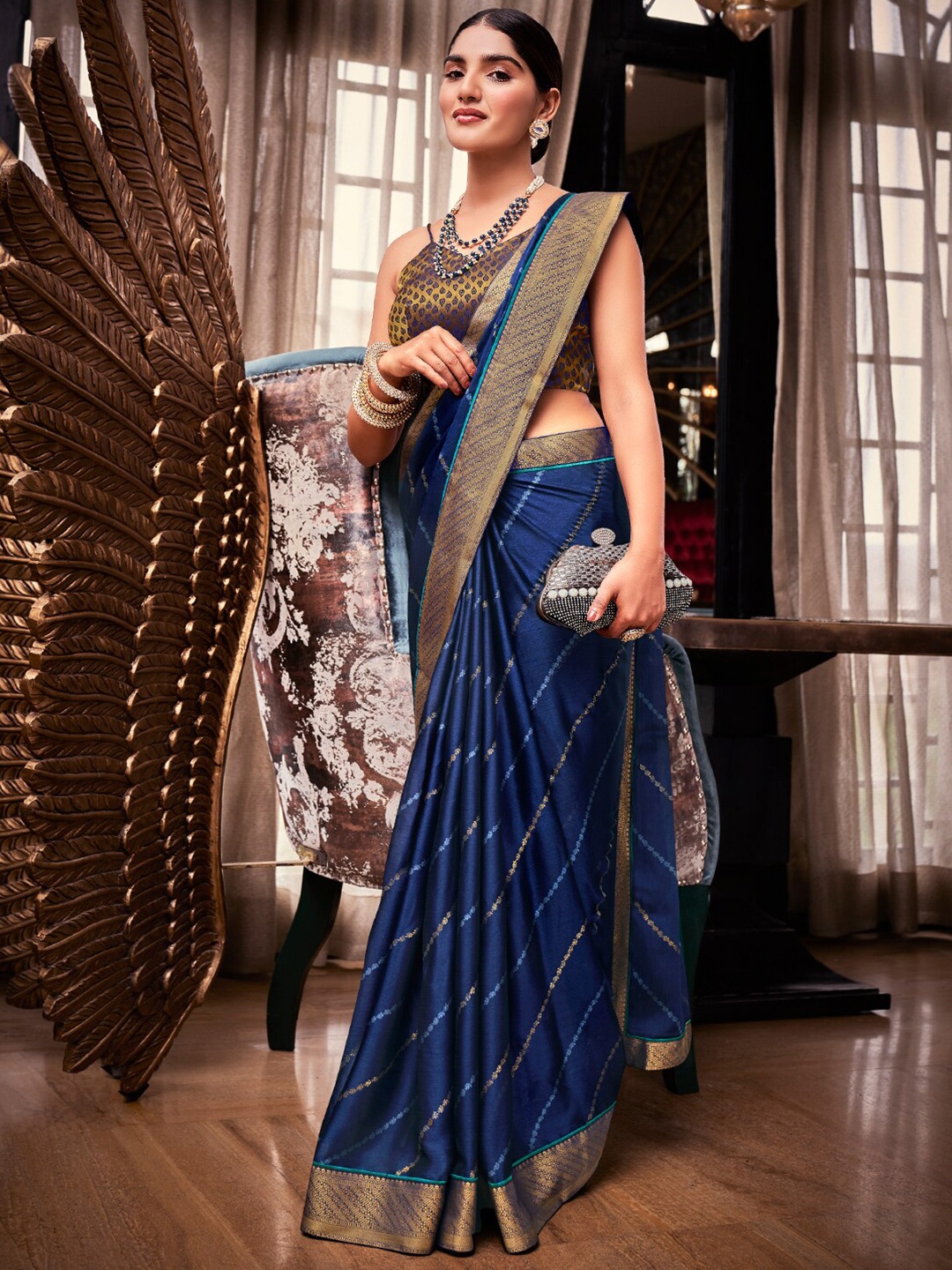

SANSKAR Leheriya Printed Zari Saree, Blue