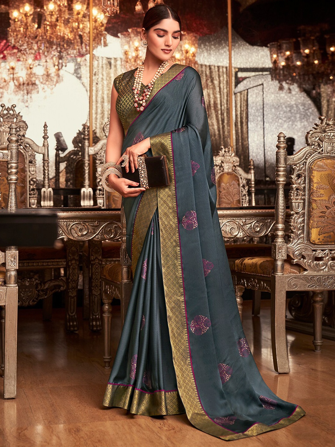 

SANSKAR Ethnic Motifs Foil Printed Zari Saree, Grey