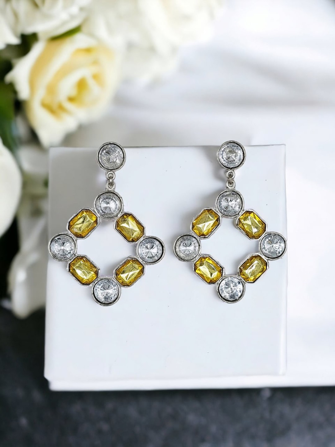 

DressBerry Silver-Plated Stone-Studded Contemporary Drop Earrings