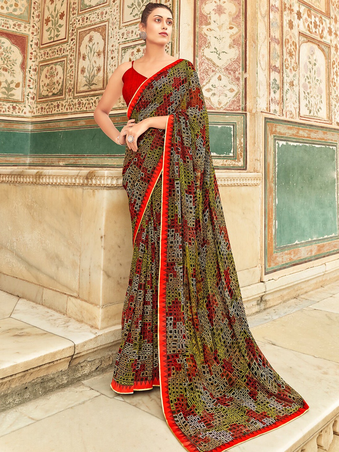 

SANSKAR Geometric Printed Saree, Green