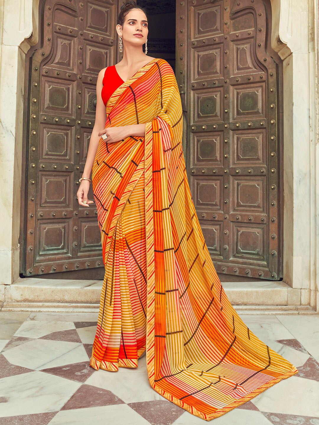 

SANSKAR Striped Pure Georgette Saree, Yellow
