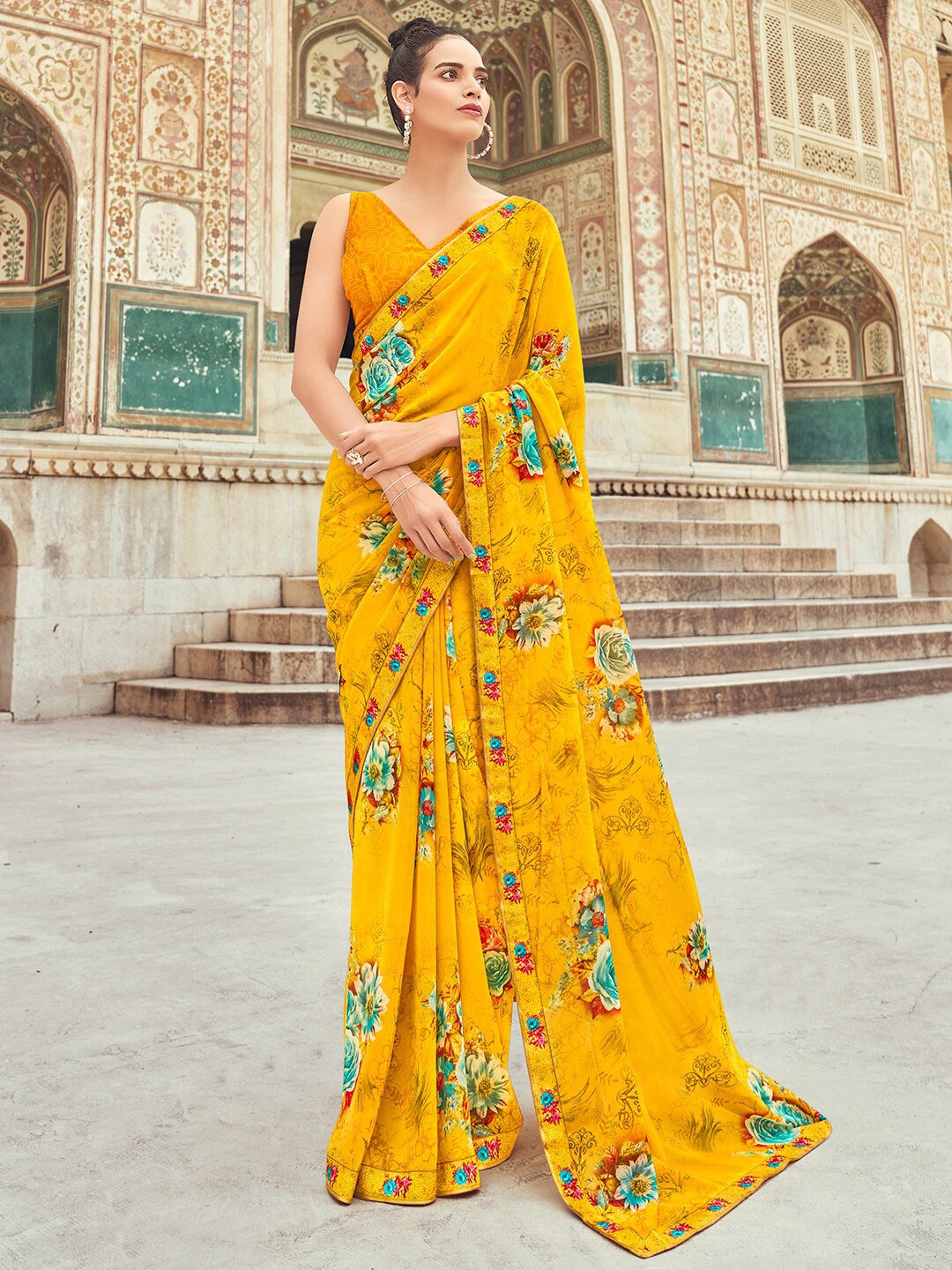 

SANSKAR Floral Printed Pure Georgette Saree, Yellow