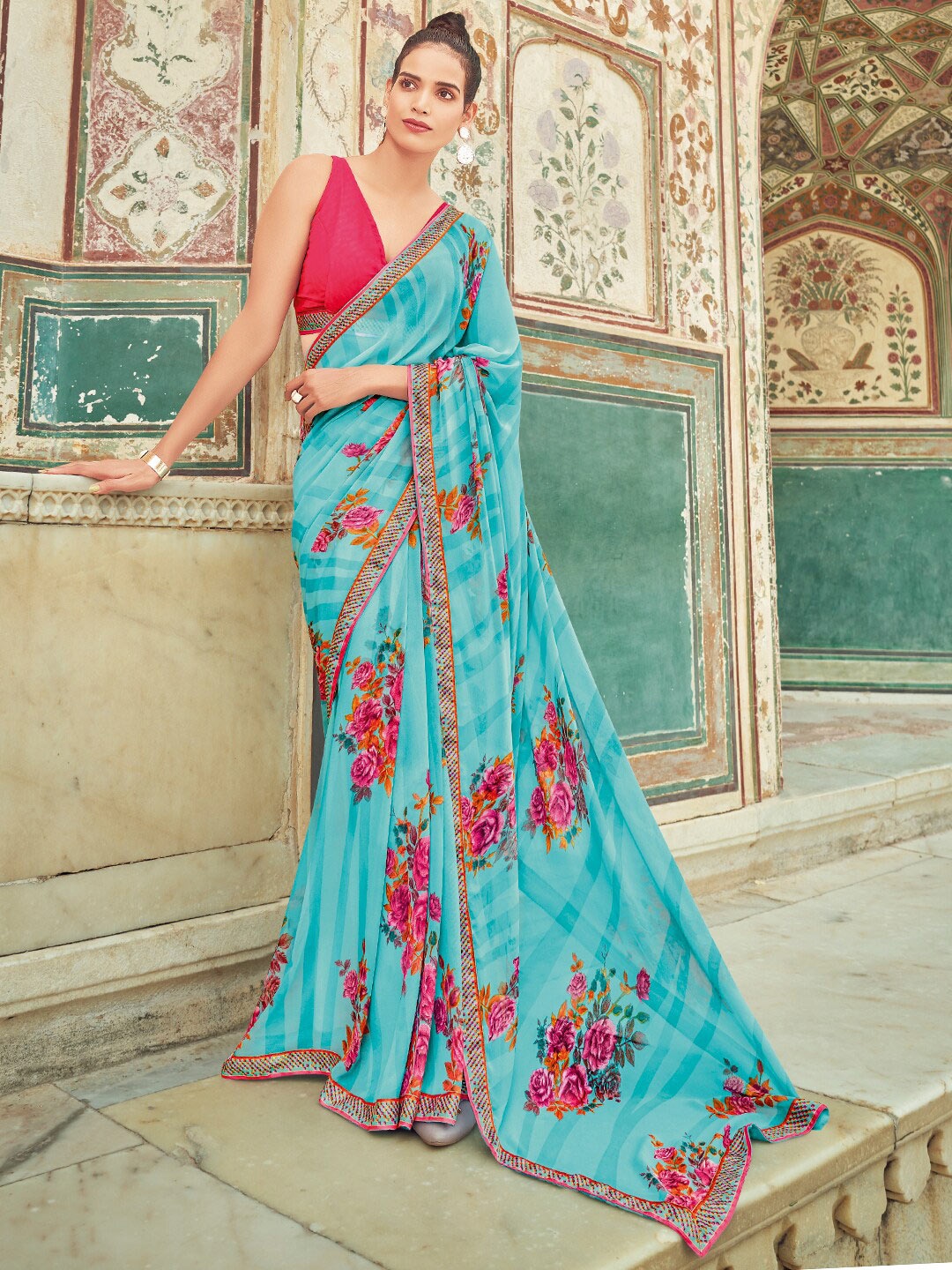 

SANSKAR Floral Printed Saree, Turquoise blue