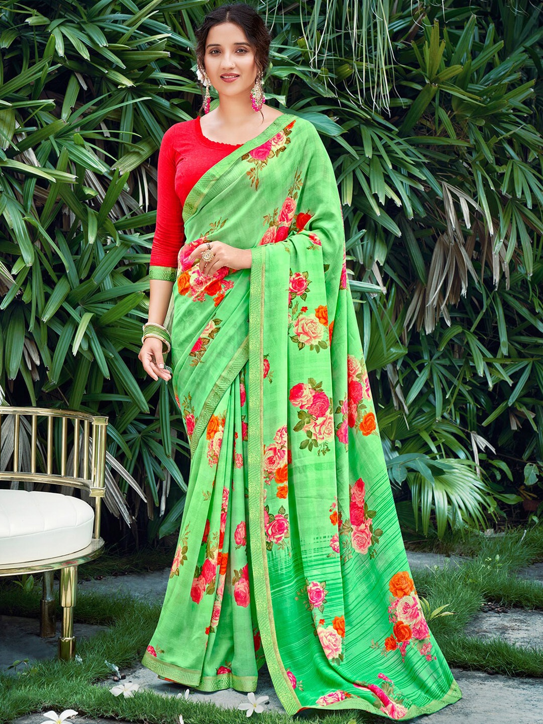 

SANSKAR Floral Printed Pure Georgette Saree, Green