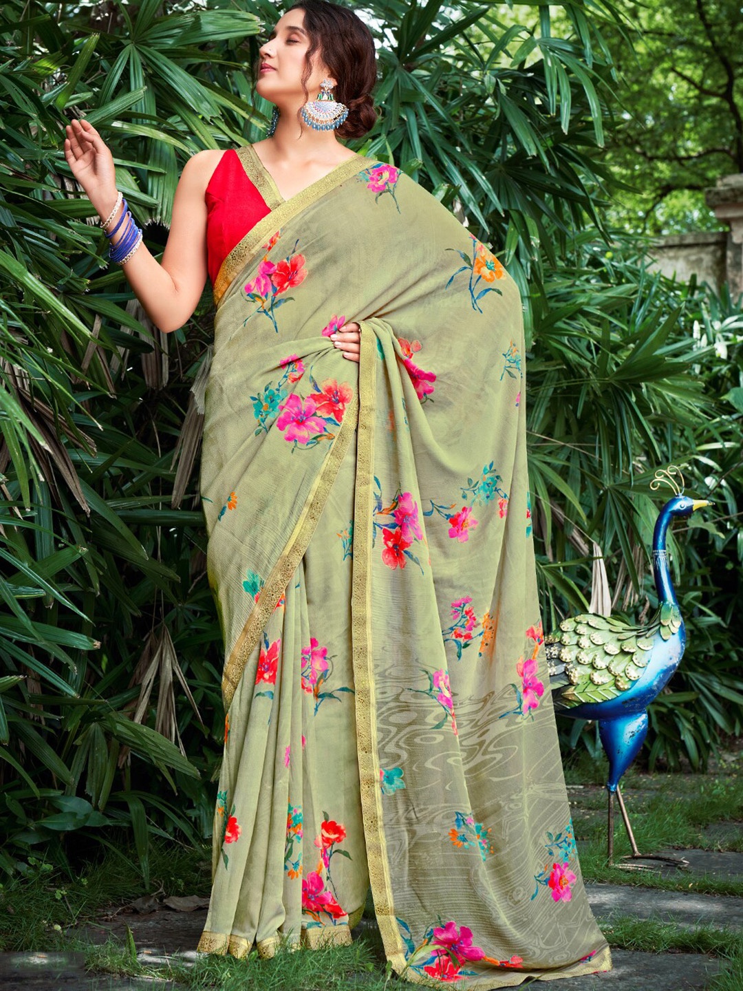 

SANSKAR Floral Printed Zari Pure Georgette Saree, Olive