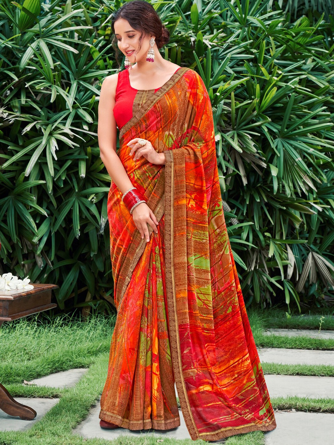 

SANSKAR Abstract Printed Saree, Orange