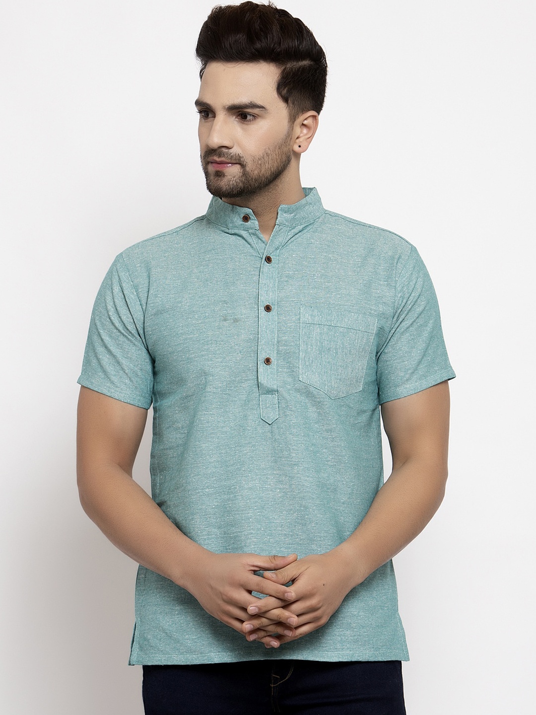 

Sayesha Band Collar Cotton Straight Kurta, Green