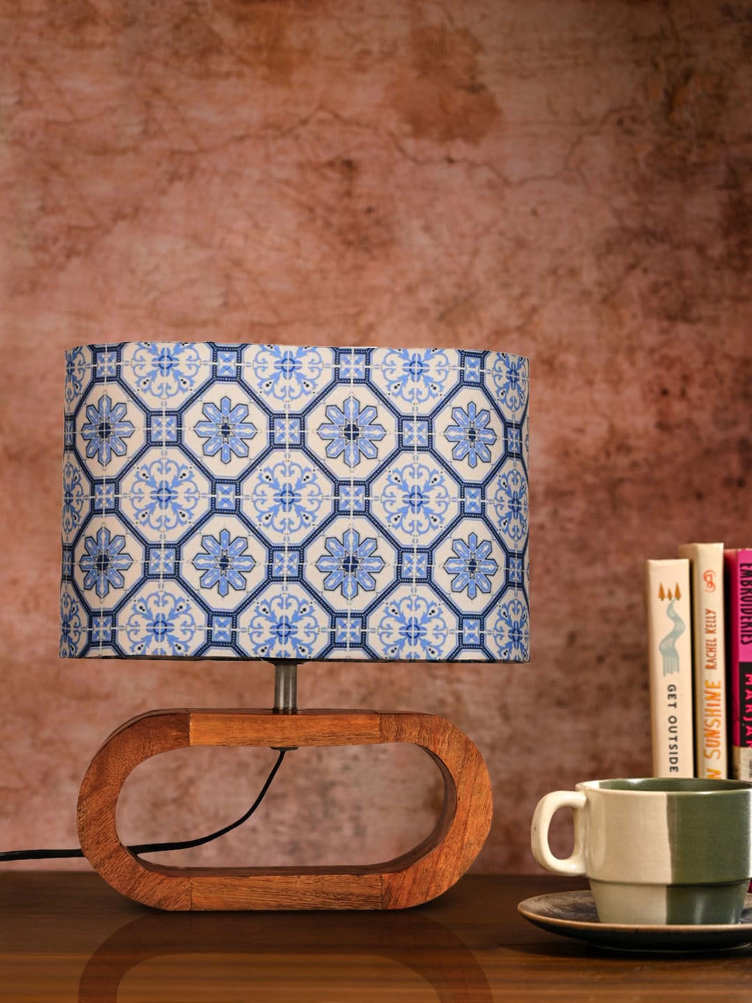

green girgit Floral Printed Oval-Shaped Wooden Table Lamp, Blue