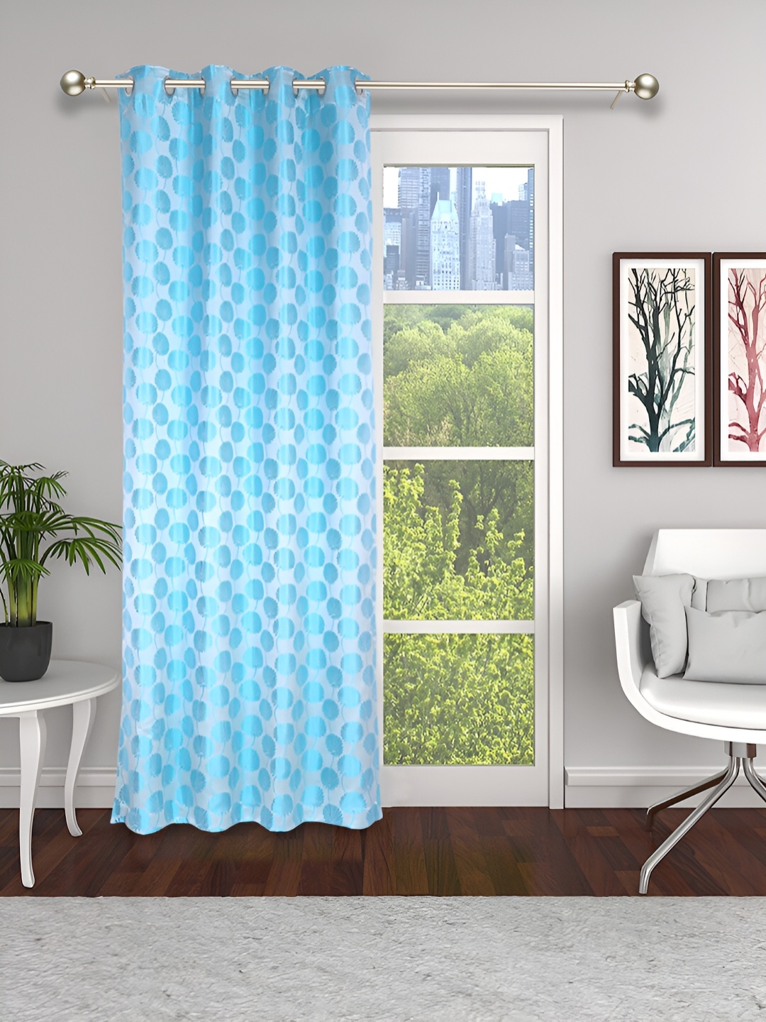 THE CONVERSION Blue Floral Long Door Curtain, Turquoise blue