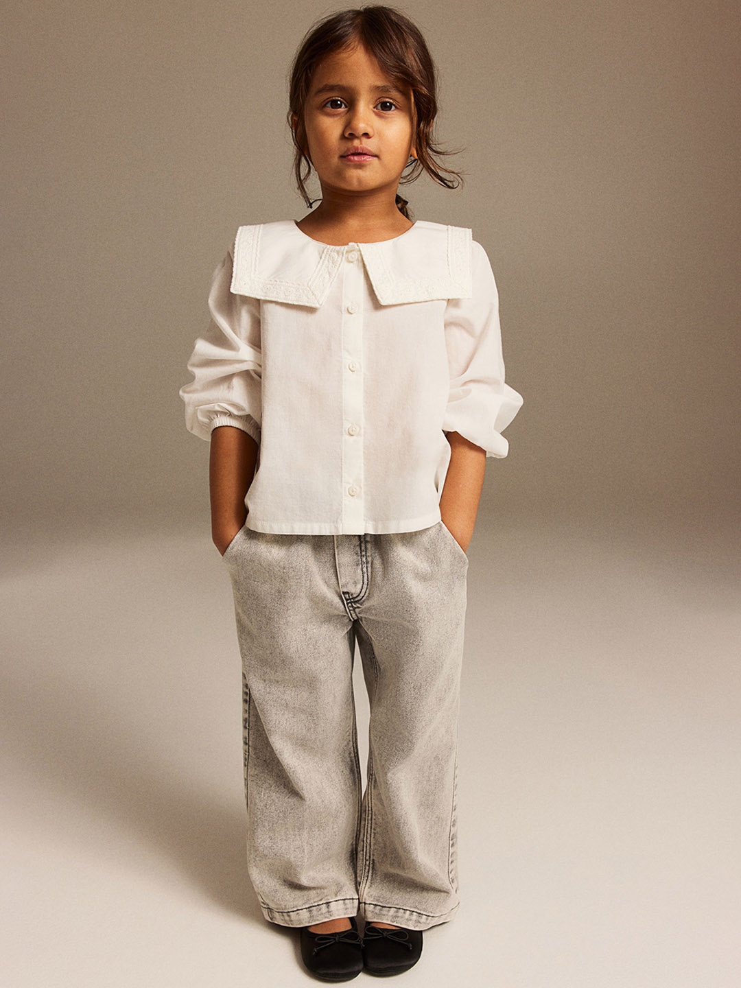 

H&M Girls Pure Cotton Wide Leg Paper Bag Jeans, Grey