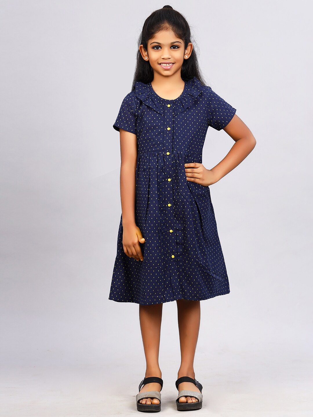 

ZION Girls Polka Dot Printed Cotton A-line Dress, Navy blue