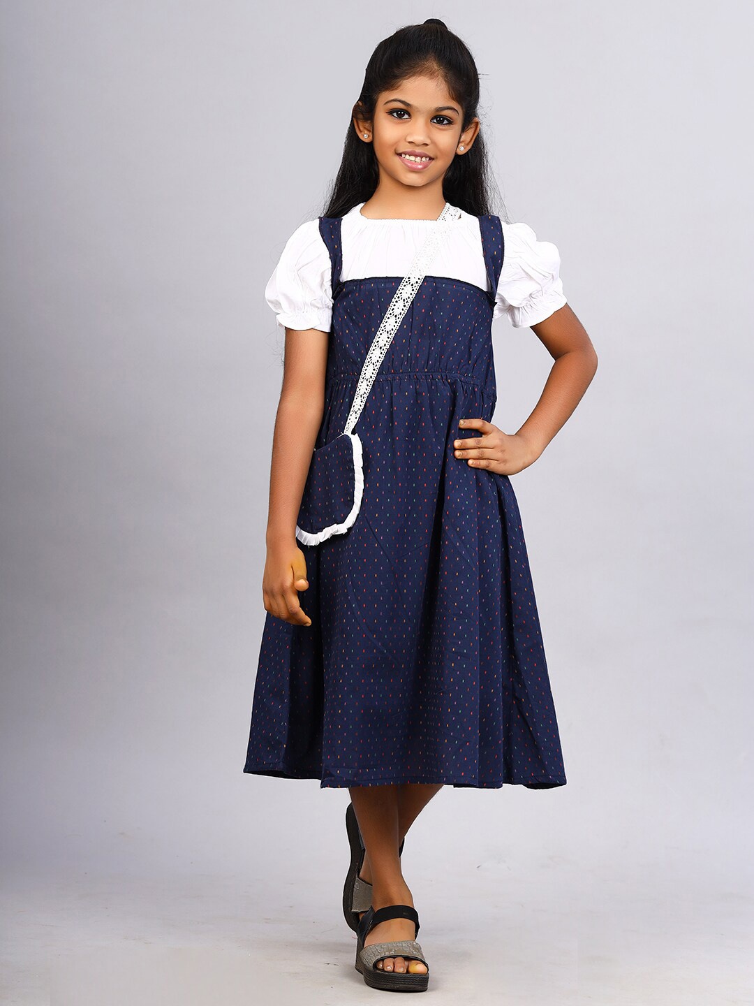 

ZION Girls Polka Dot Printed Puff Sleeves A-Line Midi Dress, Navy blue