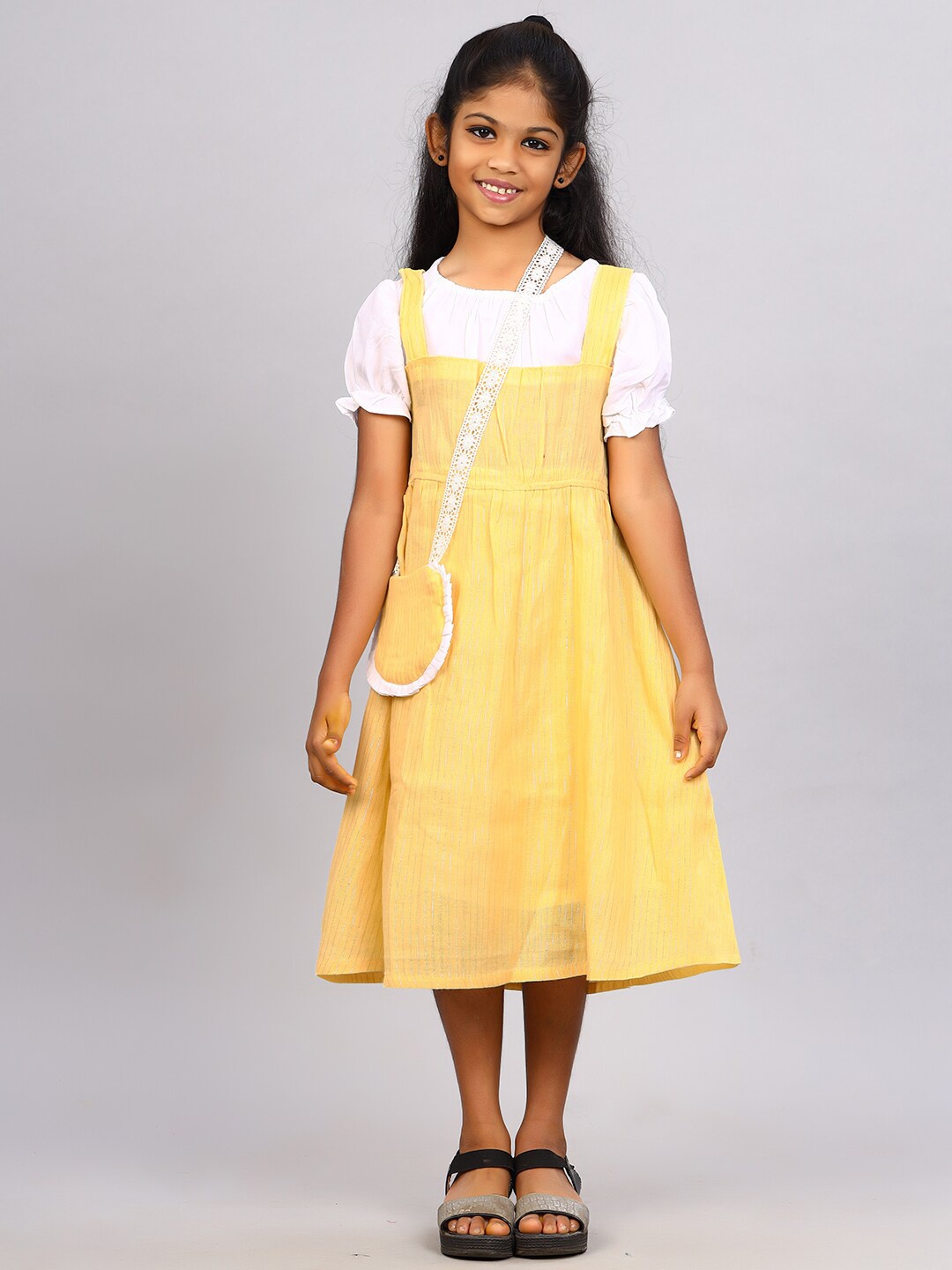 

ZION Girls Striped Puff Sleeve Pinafore Dress, Yellow