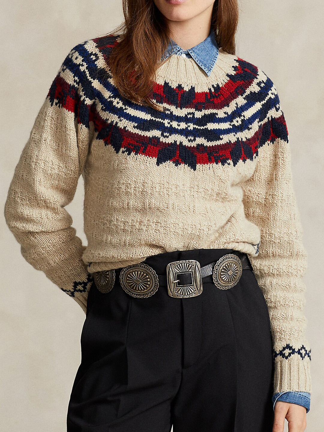 

Polo Ralph Lauren Self Design Shirt Collar Pullover Sweaters, Beige