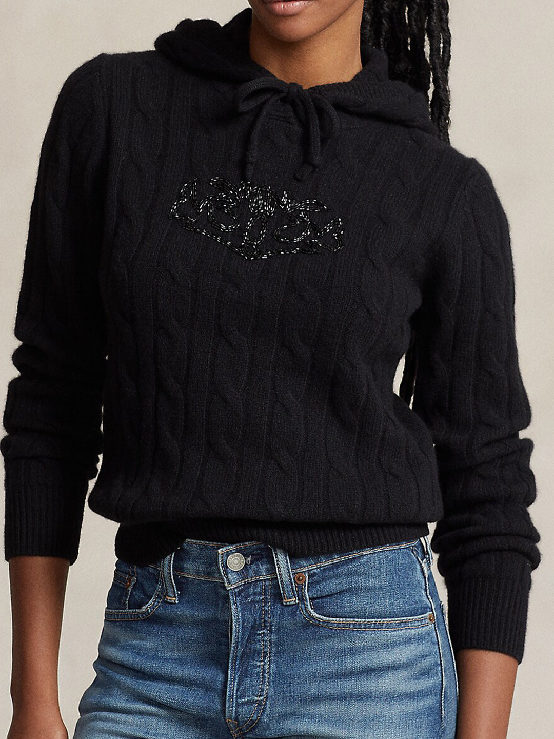

Polo Ralph Lauren Embroidered Hooded Woollen Pullover Sweaters, Black