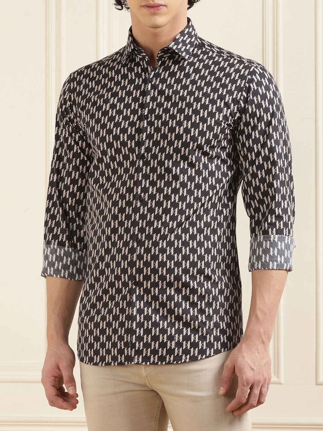 

Karl Lagerfeld Slim Fit Geometric Printed Spread Collar Pure Cotton Shirt, Black
