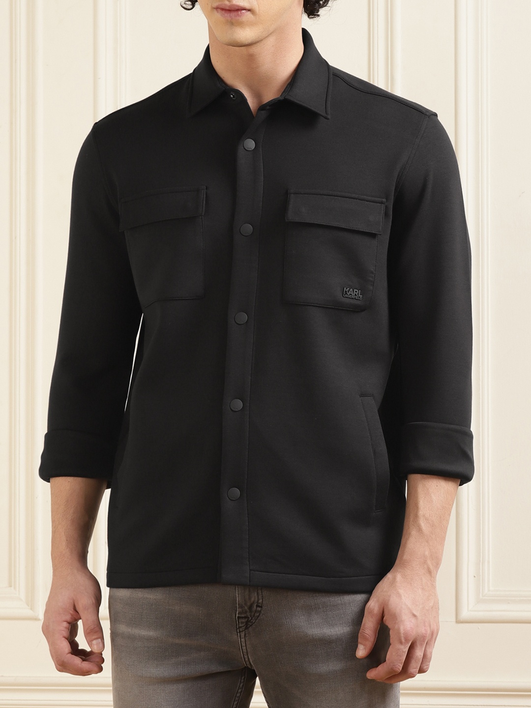 

Karl Lagerfeld Slim Fit Spread Collar Pure Cotton Shacket, Black