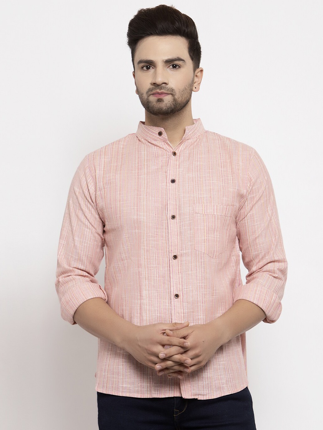 

Enchanted Drapes Slim Fit Striped Pure Cotton Mandarin Collar Casual Shirt, Pink