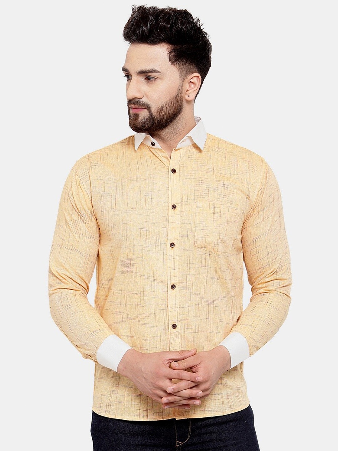 

Enchanted Drapes Slim Fit Printed Pure Cotton Casual Shirt, Yellow