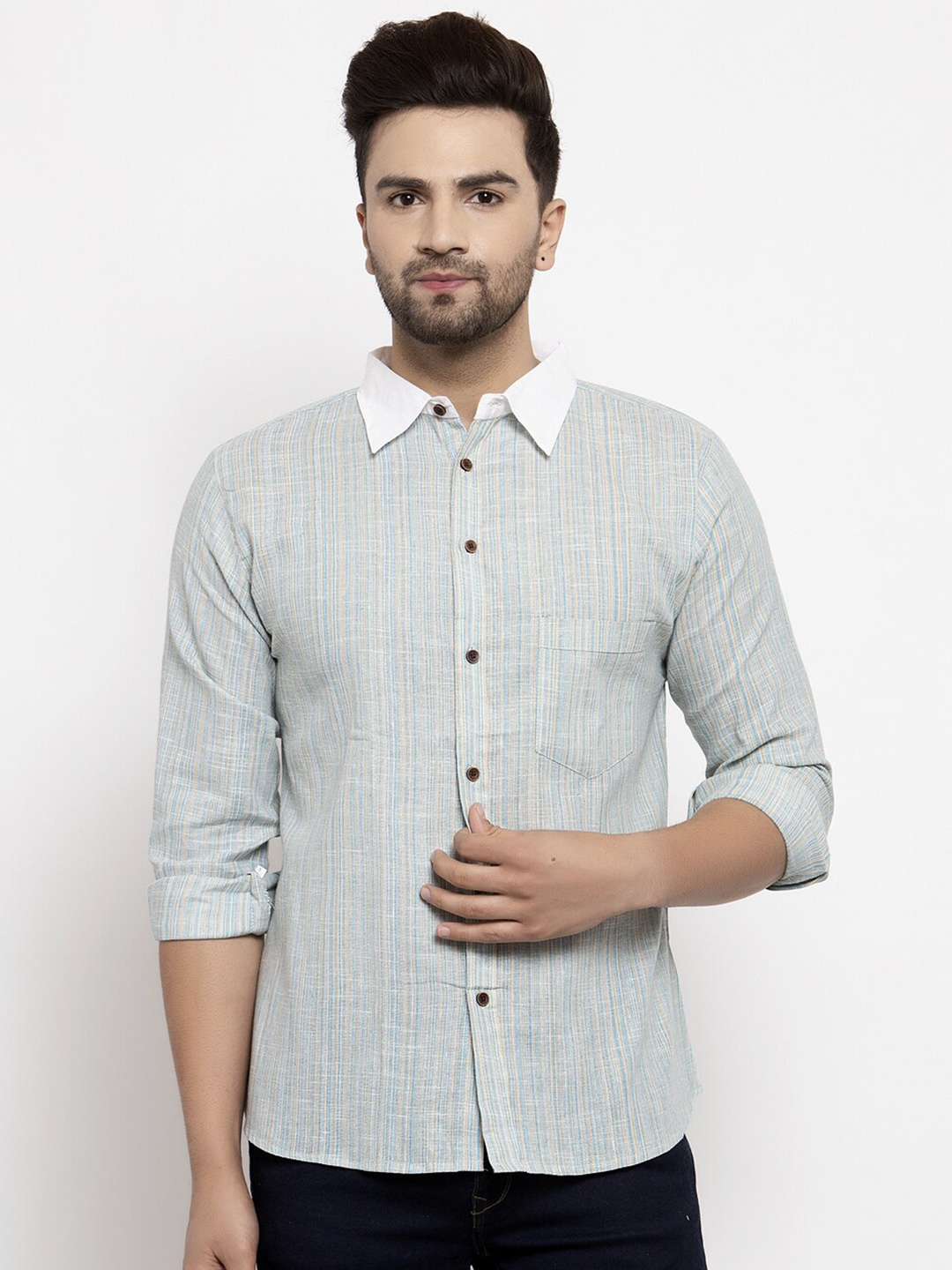

Enchanted Drapes Slim Fit Striped Pure Cotton Casual Shirt, Blue