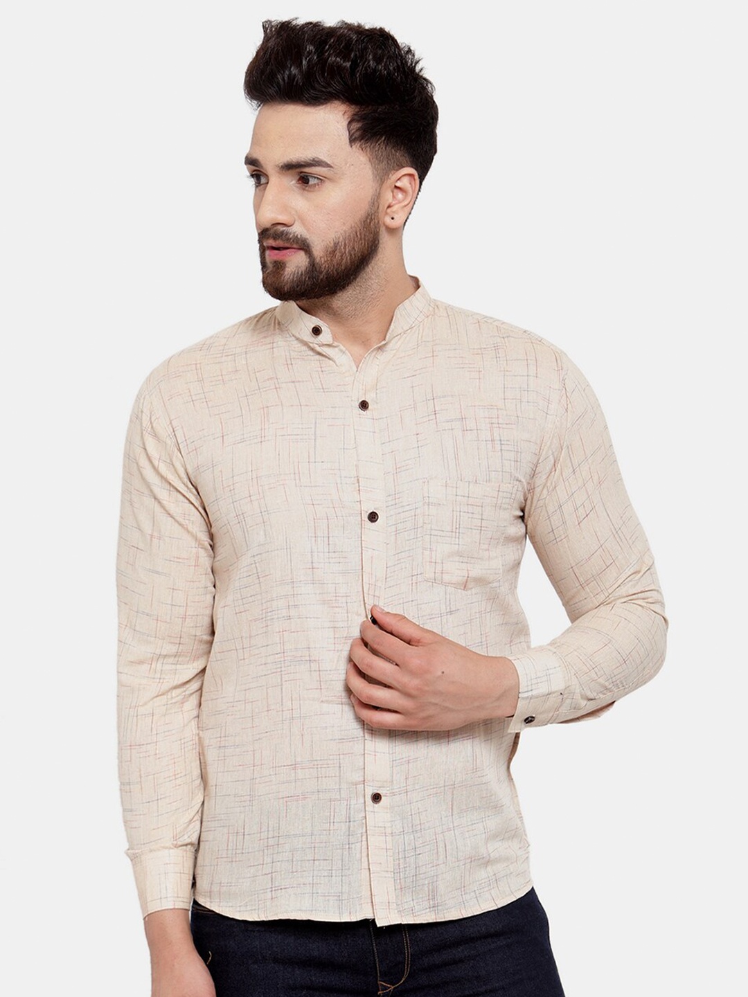 

Enchanted Drapes Slim Fit Band Collar Pure Cotton Casual Shirt, Brown