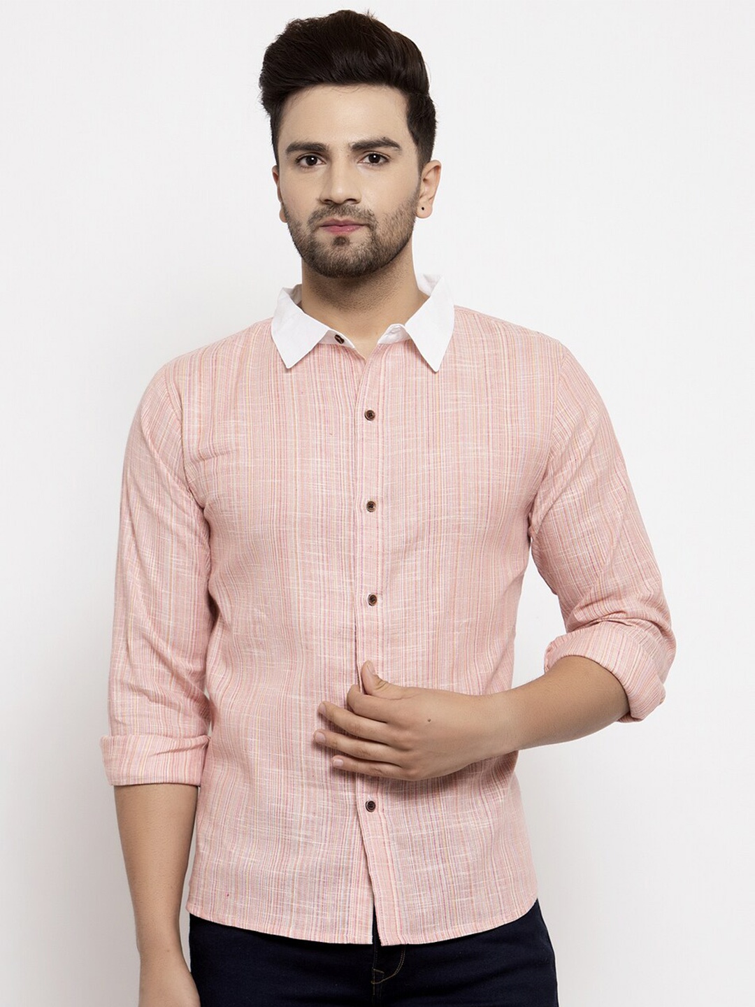 

Enchanted Drapes Slim Fit Vertical Stripes Pure Cotton Casual Shirt, Pink