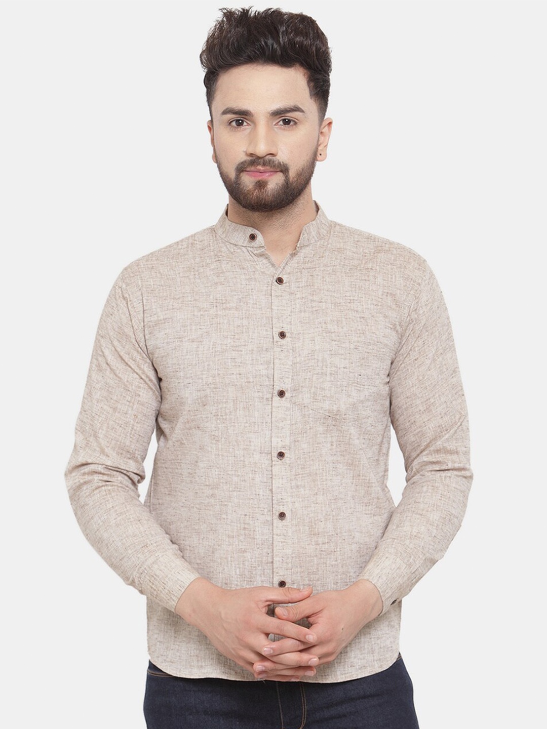 

Enchanted Drapes Band Collar Slim Fit Pure Cotton Casual Shirt, Brown